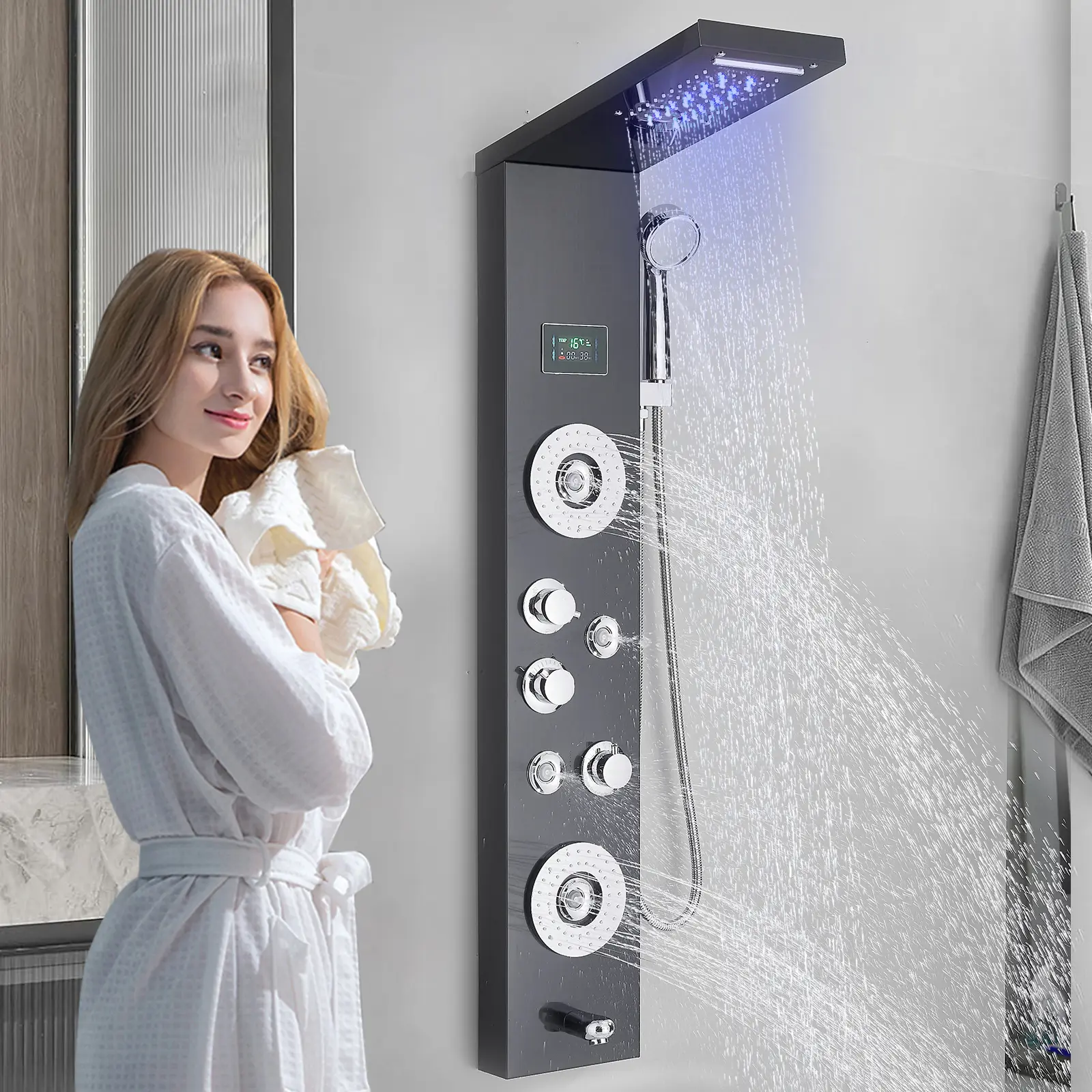 Black LED Shower Panel Tower System Rainfall Waterfall Shower Head Combo,Showe Body Massage Jets Stainless Steel 5-Function Shower Column Digital Display Wall Mounted