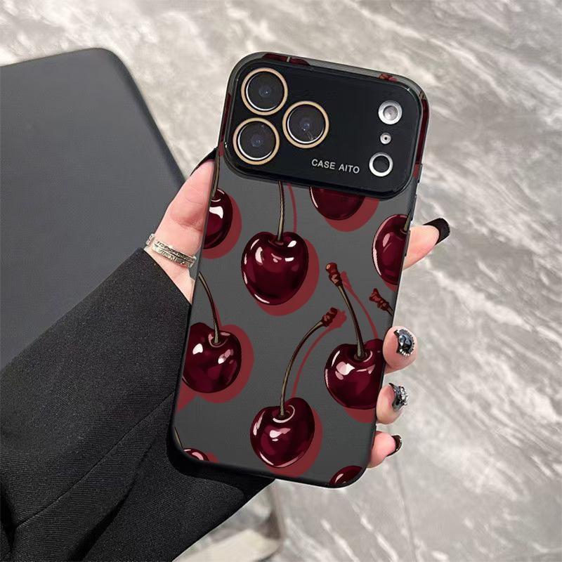 Low-Saturation Retro Red Cherry Pattern Dopamine Ins Style Solid Color Phone Case Ultra Skin Friendly Touch All Inclusive Lens Compatible with Apple iPhone 17 Air 16 15 14 13 12 Por Max
