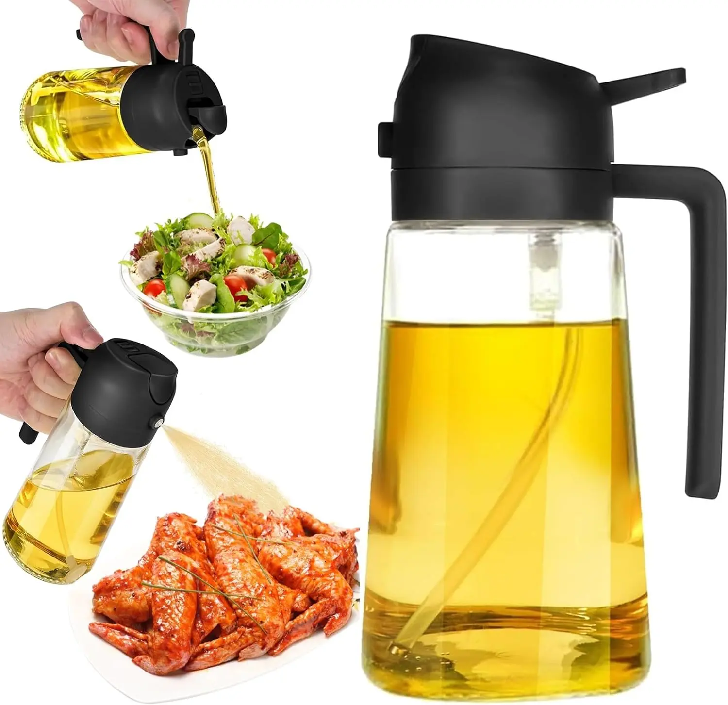 Oil Sprayer for Cooking - 2 in 1 Olive Oil Dispenser Bottle - Food-Grade Oil Mister for Air Fryer, Salads, Frying & BBQ (Black) Utensils Kitchen Modern Kitchenware