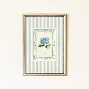 Blue Hydrangea Watercolor Art Print, Modern Southern Floral Green Stripe Wall Art Unframed