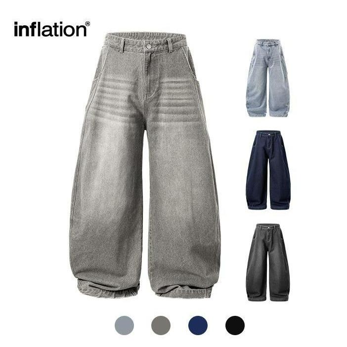 Inflation Baggy Washed Streetwear Wide-Leg Curved Blade Denim Pants Spring Summer New American Style Loose Fit Cargo Jeans Men's Casual Beige Plain Trousers with Pockets Pull On Valentine's Day