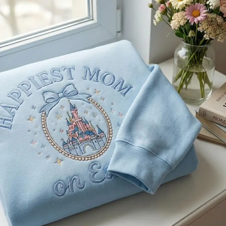 Embroidered Happiest Mom On Earth Shirt, Magic Castle Coquette Bow Sweatshirt, Mama Tee, Mother's Day Gift For Mom, Family Trip Outfit