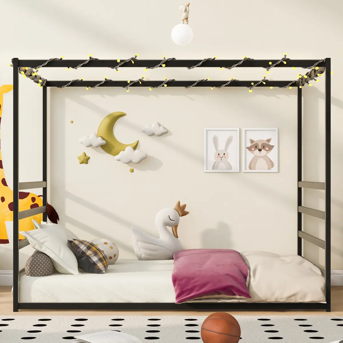 Aobtkel Queen Size Floor Bed Frame with Safety Guardrails, Metal Low Profile House Bed with LED Lights and Canopy Frame, Sturdy Platform Bed, No Box Spring Needed, Modern Bed for Bedroom Apartment, Black