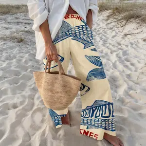 Women's retro sailing style sardine printed wide leg pants, contrast color, loose and comfortable, exudes the flavor of literature and vacation, and easily create casual summer beach style pants # spring underpants for girls