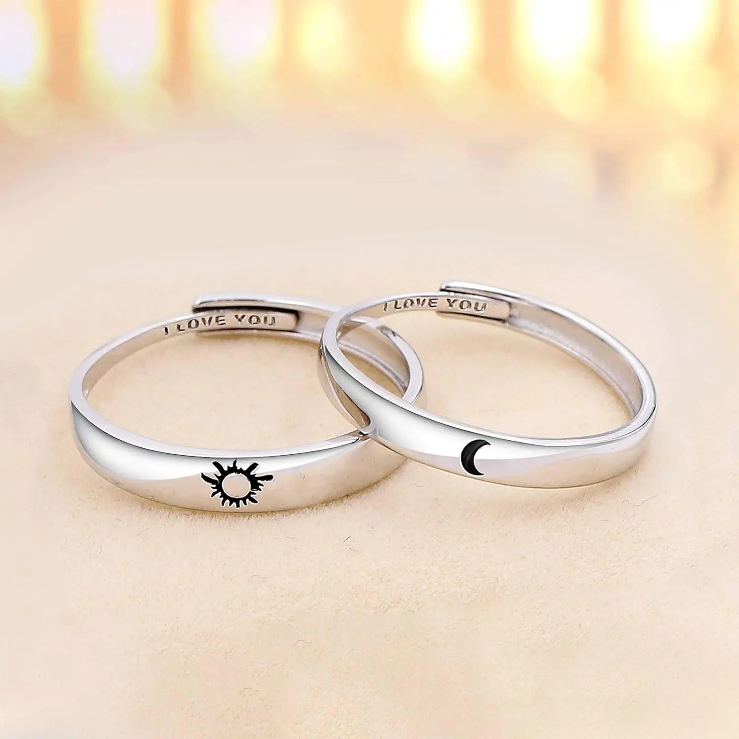 SATUCOL 2PC 18k Gold Plated Sterling Brass Adjustable Ring with Sun and Moon Design, Engraved with "I Love You" - A beautiful gift for couples, best friends, and spouses engagement rings