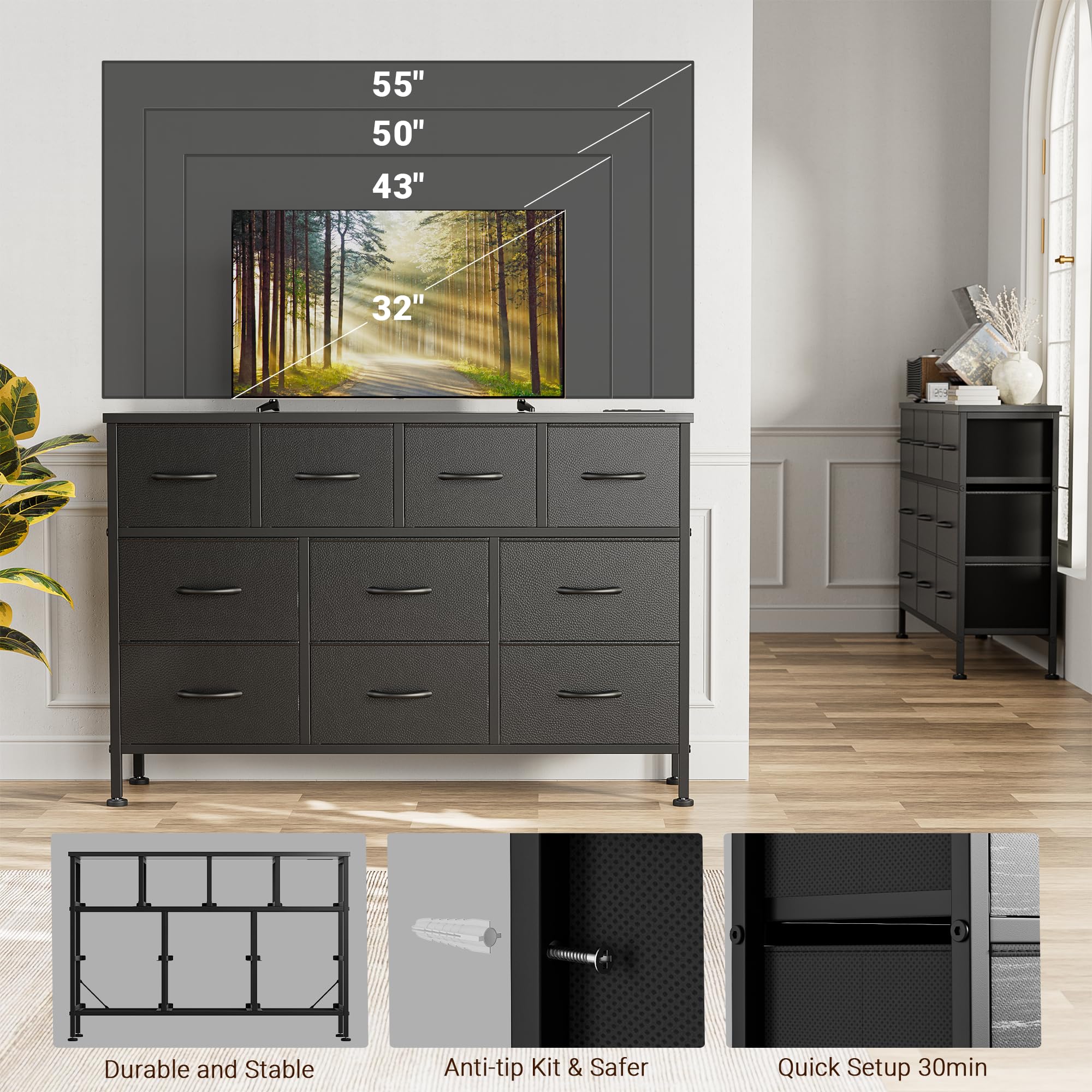 【BF&CM】AOWOS 10 Drawer Dresser, Dresser TV Stand with Power Outlet, Bedroom Dresser, Chest of Drawers for 55'' Long TV, Wide Fabric Dresser for Storage and Organization Modern Accent Cabinet