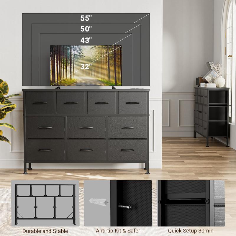 【BF&CM】AOWOS 10 Drawer Dresser, Dresser TV Stand with Power Outlet, Bedroom Dresser, Chest of Drawers for 55'' Long TV, Wide Fabric Dresser for Storage and Organization Modern Accent Cabinet