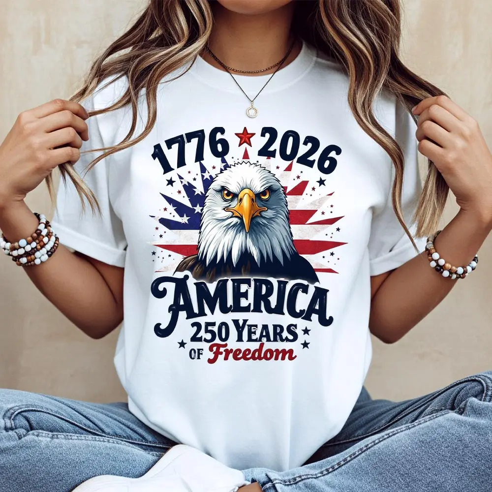 Patriotic Eagle Graphic Tshirt, Unisex Regular Fit Short Sleeve Top, Made in USA Casual Clothes Commemorating 250 Years of Freedom, Round Neck, Sporty Chic