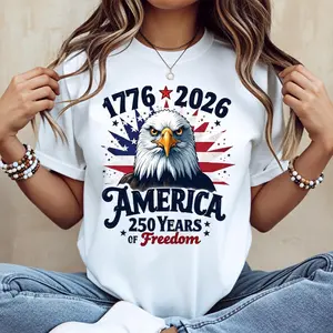 America 1776 2026 250 Years Of Freedom Eagle Patriotic T-Shirt Cotton Casual Crew Neck Short Sleeve Regular Fit Summer Wear Machine Washable Not Dry Clean Made In USA