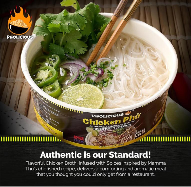 PhoLicious Instant Chicken Pho, Authentic Vietnamese Rice Noodle Soup Kit with Spices & Broth Mix, Ramen Noodles Alternative, Quick Microwave Meal - Pho Noodles Bowl - Chicken Flavor (4 Pack)