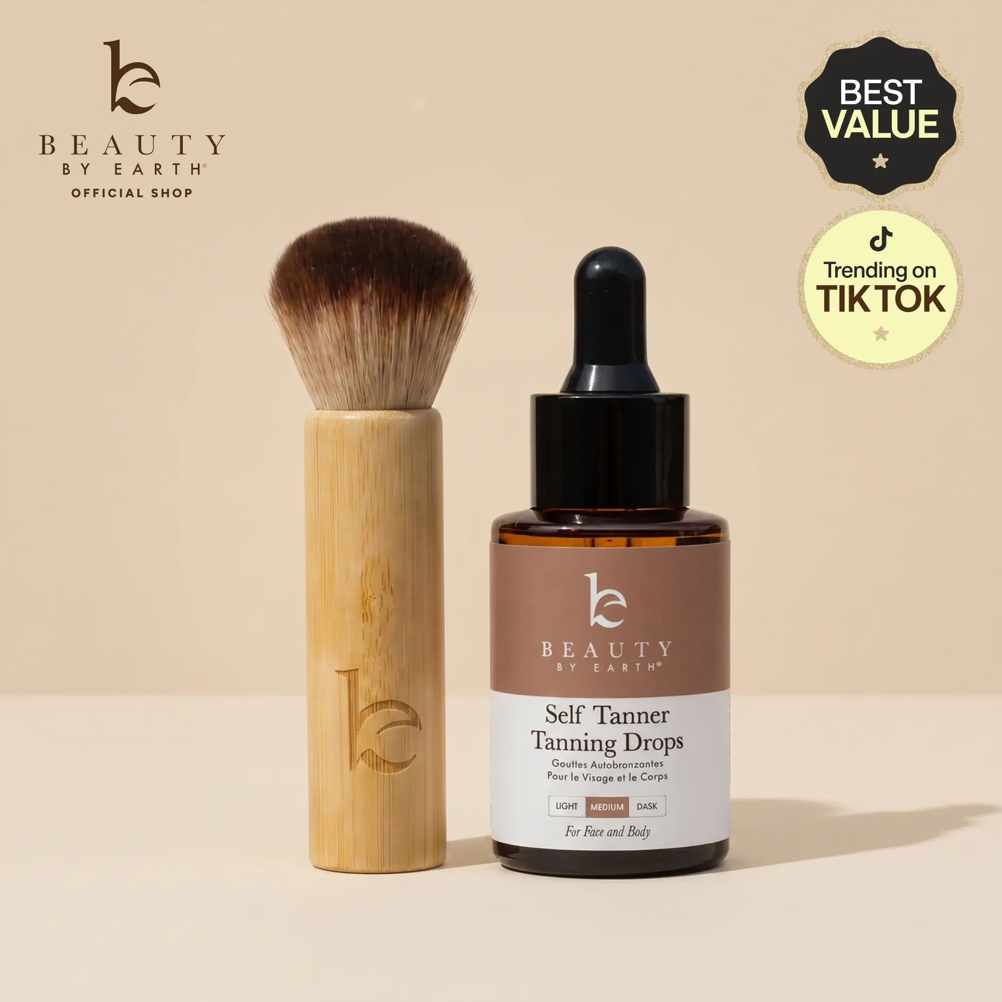 [TikTok Shop Exclusive] Beauty by Earth Self Tanner Drops & Kabuki Brush Bundle - Customizable Sunless Tanning Drops Moisturizing Bronzing Face & Body Made in USA