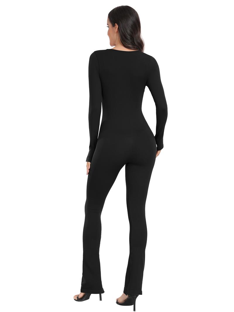 Long Sleeve Flare Wide Leg Jumpsuits Square Neck Full Length Jumpsuits