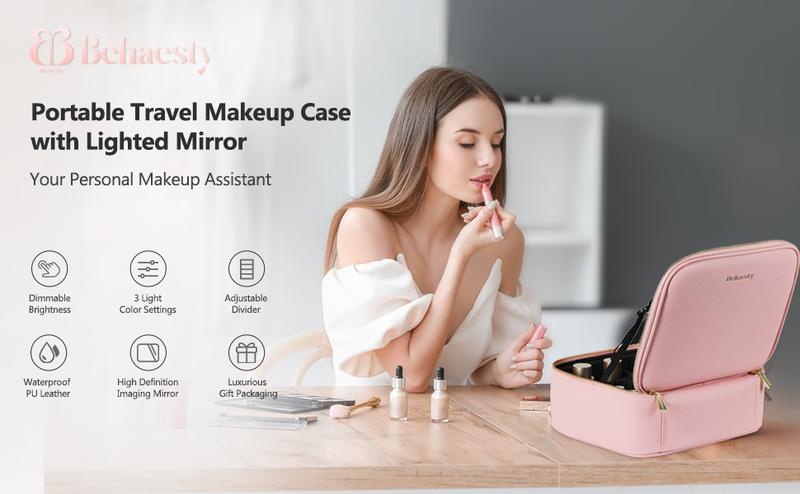 Behaesty Portable Makeup Bag with 3-Color LED Light Detachable Mirror 2000mAh USB Rechargeable Waterproof PU Leather Organizer Compact Travel Cosmetic Pouch Vanity Purse  Zip TikTokShopBlackFriday