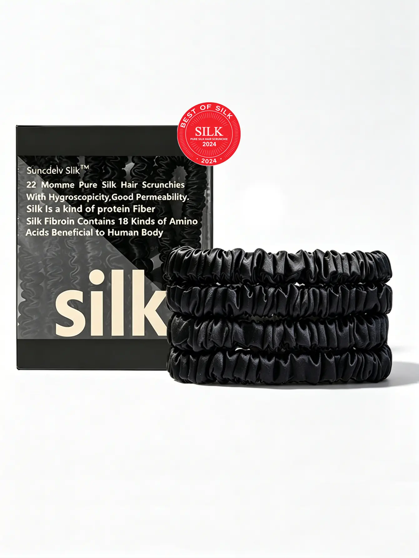 Suncdelv Luxury 100% Silk Scrunchies - 22 Momme (22m) Amino Acids Plain Anti-Crease & Anti-Breakage Female Hair Ties, 4PCS Fashion Hair Accessories