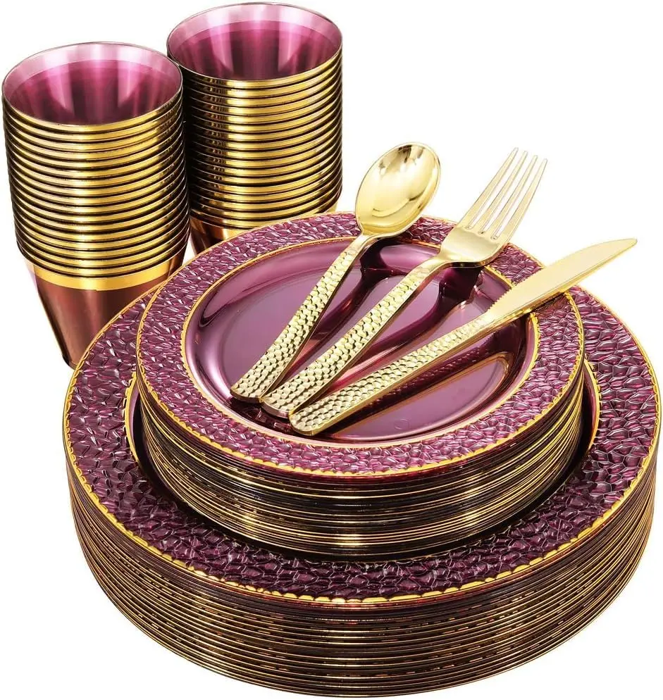 150PCS Clear Purple Plastic Plates - Gold Party Plate - Purple and Gold Plate Include: 50 Plates, 25Cups, 25Forks, 25Knives, 25Spoons for Wedding & Party