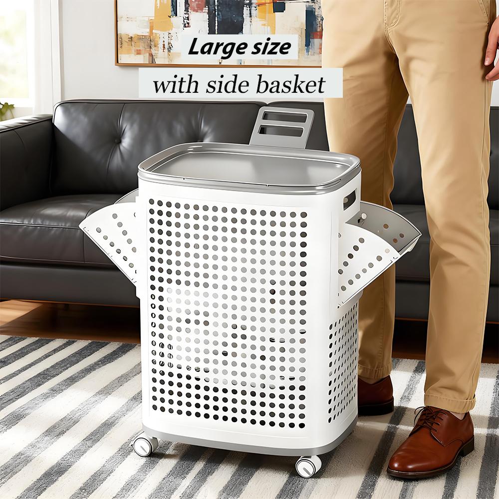 UFORU Rolling Laundry Hamper with Lid, 22.5/18.7 Gallon,85/71L Perforated Plastic Basket with Wheels, Storage Bin with Handle,Outdoor, suitable for kitchen, laundry and storage purposes, easy to move around