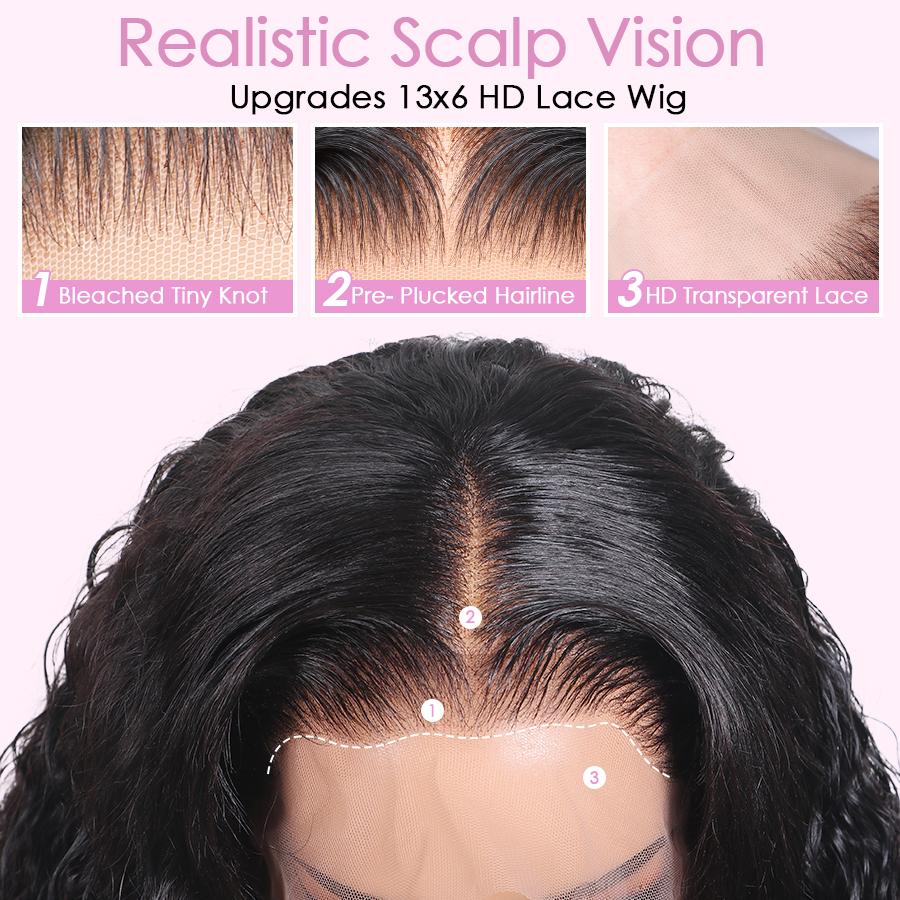 Pizazz Hair Pre_bleached Small Knots Water Wave 13x6 HD Transparent Lace Front Wigs Human Hair Pre Plucked 220 Density Wet and Wavy Curly Human Hair Wigs for Women with Hairline