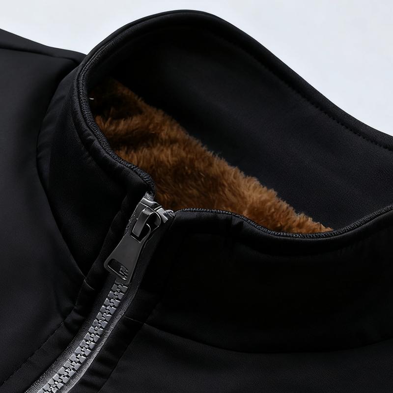 Men's Solid Color Zip Up Hooded Warm Fleece Lined Jacket, Regular Fit Casual Long Sleeve Front Zipper Coat, Suitable for Autumn and Winter, Men's Everyday Wear, Newly Designed Short Fleece Jacket for Autumn and Winter, Warm and Stylish Stand Collar Trendy