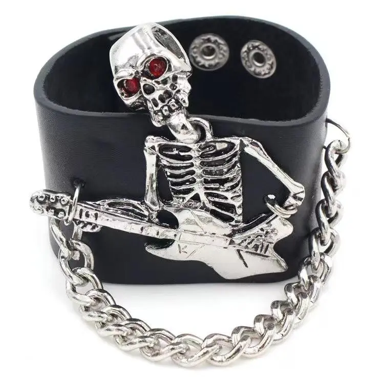 Red-Eyed Skull Guitar Bracelet, Unisex Punk & Hip-Hop PU Leather Chain Band, Vintage Casual Jewelry Accessory, The Red-Eyed Skull Is Playing The Guitar., Daily, Fans Of Punk-Style