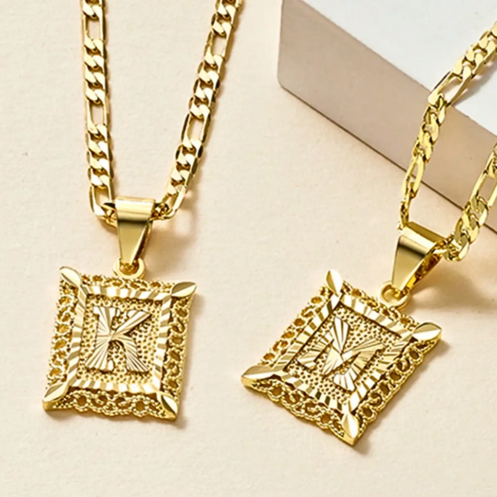 14k Solid Gold Square Pendant Necklace - Timeless Jewelry for Romantic Special Moments for Men and Women, Figaro Necklaces from A-Z