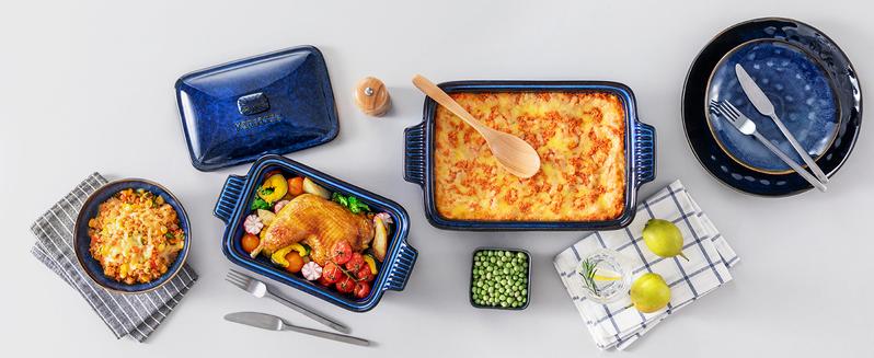vancasso Starry 1.9/3.8 Quart Casserole Dish, Large Lasagna pan with lid, Stoneware Casserole with lid, Microwave Safe, Blue Heat Resistant Bakeware Oven