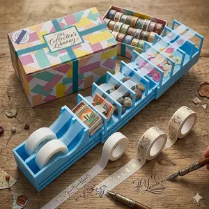 Stackable Desktop Tape Dispenser with Sliding Track & Multiple Roll Holder for Scrapbooking Bullet Journaling Crafts Gift Wrapping Durable PC Material Organized Office Storage Solution