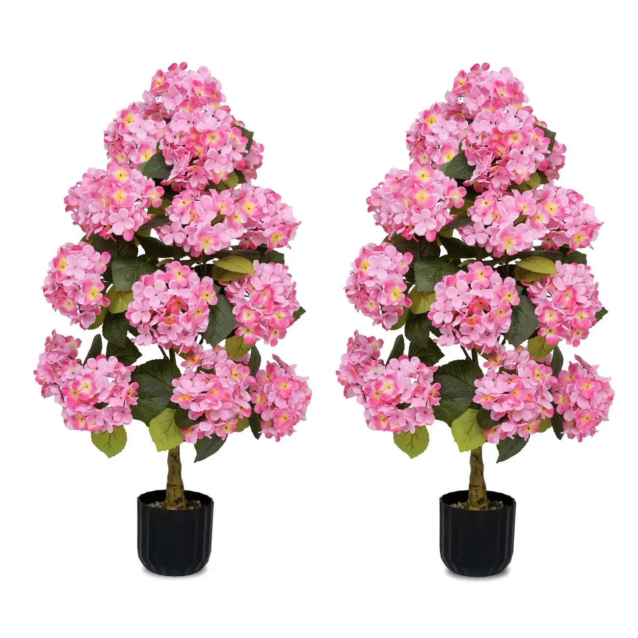 2 Pcs 3ft Artificial Hydrangea Flower Pot, Realistic Silk Hydrangea Flower Tree with Decorative Pebbles and Planter, Suitable for Home, Office, Patio, Porch, Indoor and Outdoor Decoration