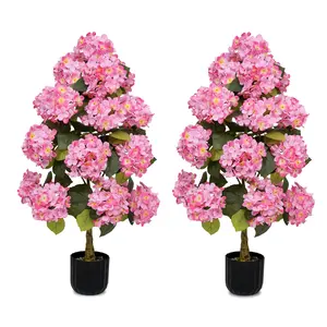 2 Pcs 3ft Artificial Hydrangea Flower Pot, Realistic Silk Hydrangea Flower Tree with Decorative Pebbles and Planter, Suitable for Home, Office, Patio, Porch, Indoor and Outdoor Decoration