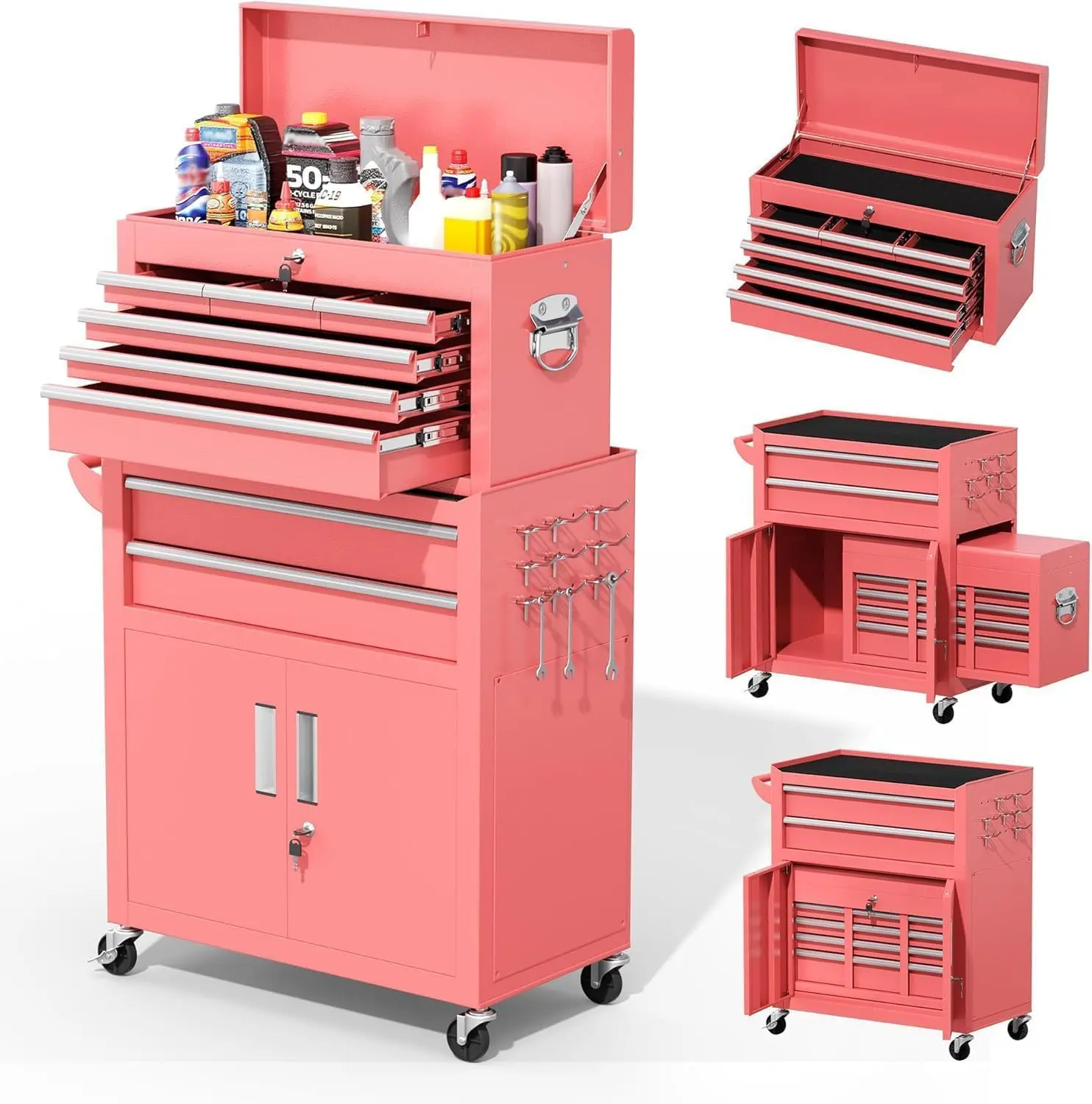 INTERGREAT Tool Chest, 8-Drawer Rolling Tool Chest with Hooks and Lockable Wheels,Metal Storage Detachable Top Tool Box with Lockable Wheels for Garage,Workshop,Art Studio(Pink)