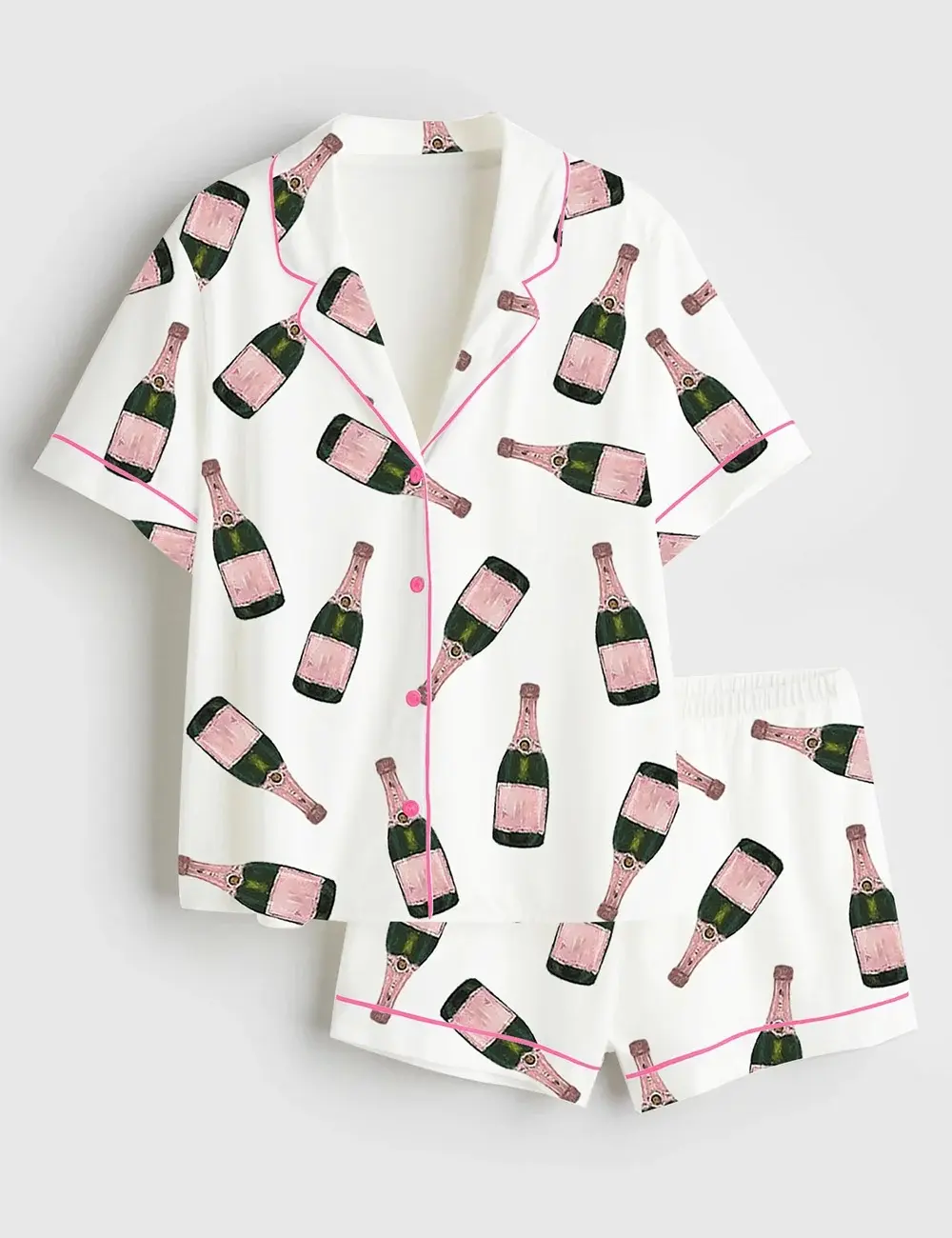 Women's Champagne Bottle Print Satin Pajama Set Short Sleeve Button-Up Top & Elastic Waist Shorts Comfortable 100% Polyester