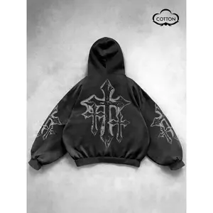 Men's Gothic cross print loose hooded sweatshirt, retro cotton comfortable hooded sweatshirt, streetwear casual urban style