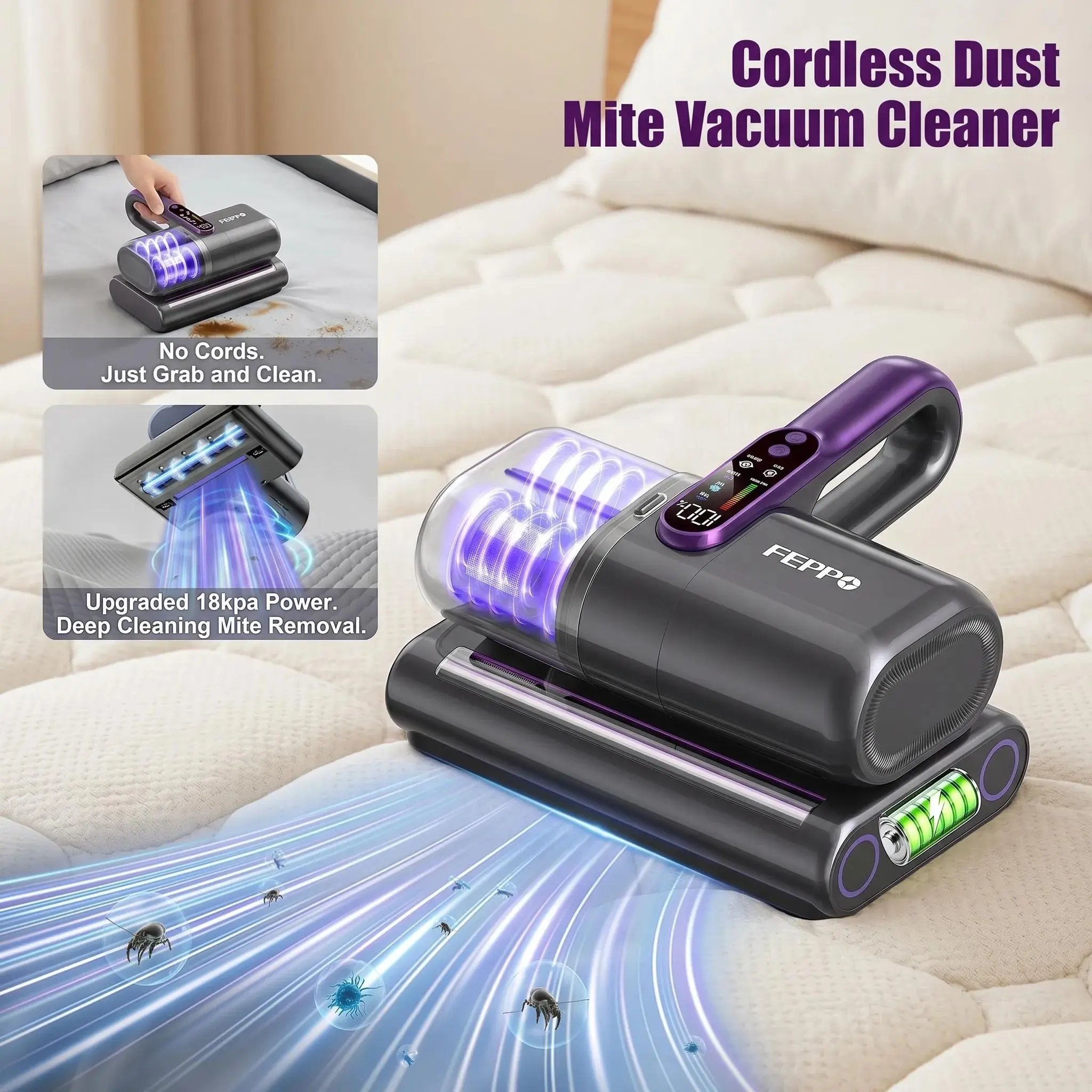 FEPPO  Cordless Mattress Vacuum Cleaner, 18Kpa Bed Vacuum with 253.7nm UV-C Light & Ultrasonic Technology, Handheld Vacuums with Dust Sensor & LED Display, 52800 Times/Min High Frequency Tapping,back to school,back to school haul