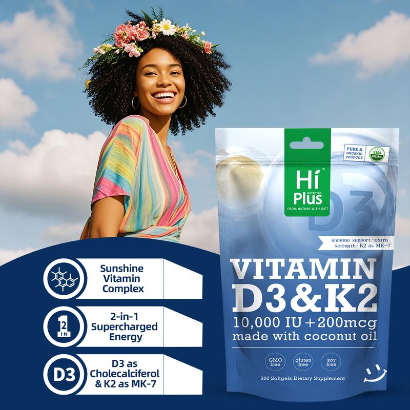 HiPlus Vitamin D3 & K2 | 10,000 IU + 200 mcg, Immune Support & Bone Health, Made with Coconut Oil,300 Softgels Natural Extra Strength