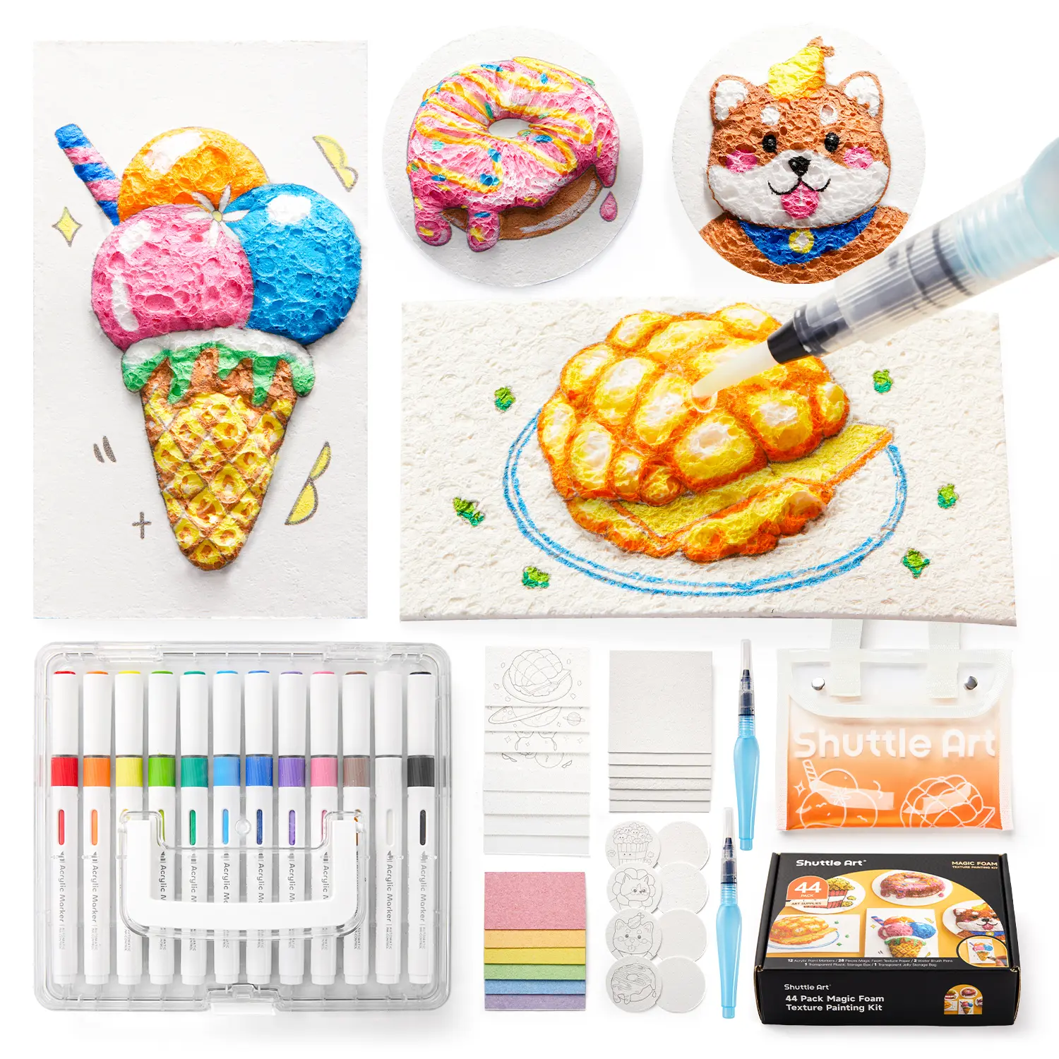 Shuttle Art 44 Pcs Magic Foam Texture Painting Kit, Including 28 Pcs Foam Texture Paper, 12 Colors Brush Tip Acrylic Paint Markers, Magical 3D Effect Texture Painting Kit,toy for kids,back to school,back to school haul