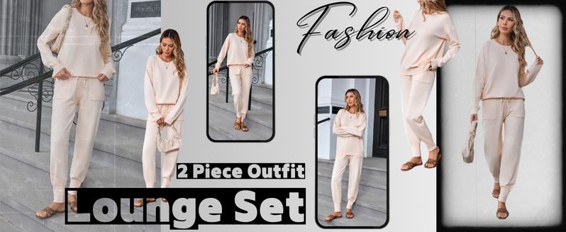Women's 2 Piece Lounge Set Long Sleeve Knit Pajamas Sweatsuit Jogger Pant Outfits With Pockets S-XXL,Outfits for Daily, Downtown Girl Clothes. Fal Outfits, Christmas 2025 Trend, Fall & Winter Womenswear Loungewear Nightwear Soft Sweater