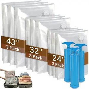 12-Pack Vacuum Sealing Bags, 43in/32in/24in, suitable for clothing and blankets, includes manual pump, space-saving vacuum bags ideal for travel, moving, and storing clothes and bedding