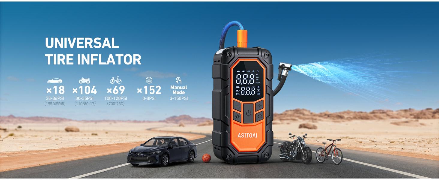 AstroAI S8 Air Nano Jump Starter with Air Compressor, 1500A Peak Car Battery Jump Starter Portable (6.0 Gas/3.0L Diesel) with 150PSI Auto-Shutoff Tire Inflator, 12V Battery Charger Booster(Orange)