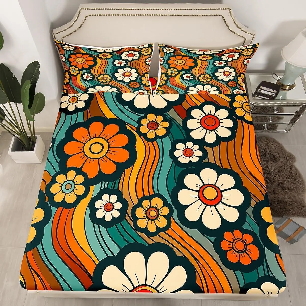 Feelyou 7-Piece Groovy Daisy Psychedelic Print Bedding Set - Hippie Vibes Vintage 70s 80s Bohemian Fitted Sheet, Pillowcases, Bed Cover for Bedroom Use, Twin/Full Size Rainbow Boho Exotic Room Decor