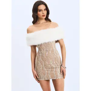 Averie White Fur Off-Shoulder Beige Sequin Mini Dress