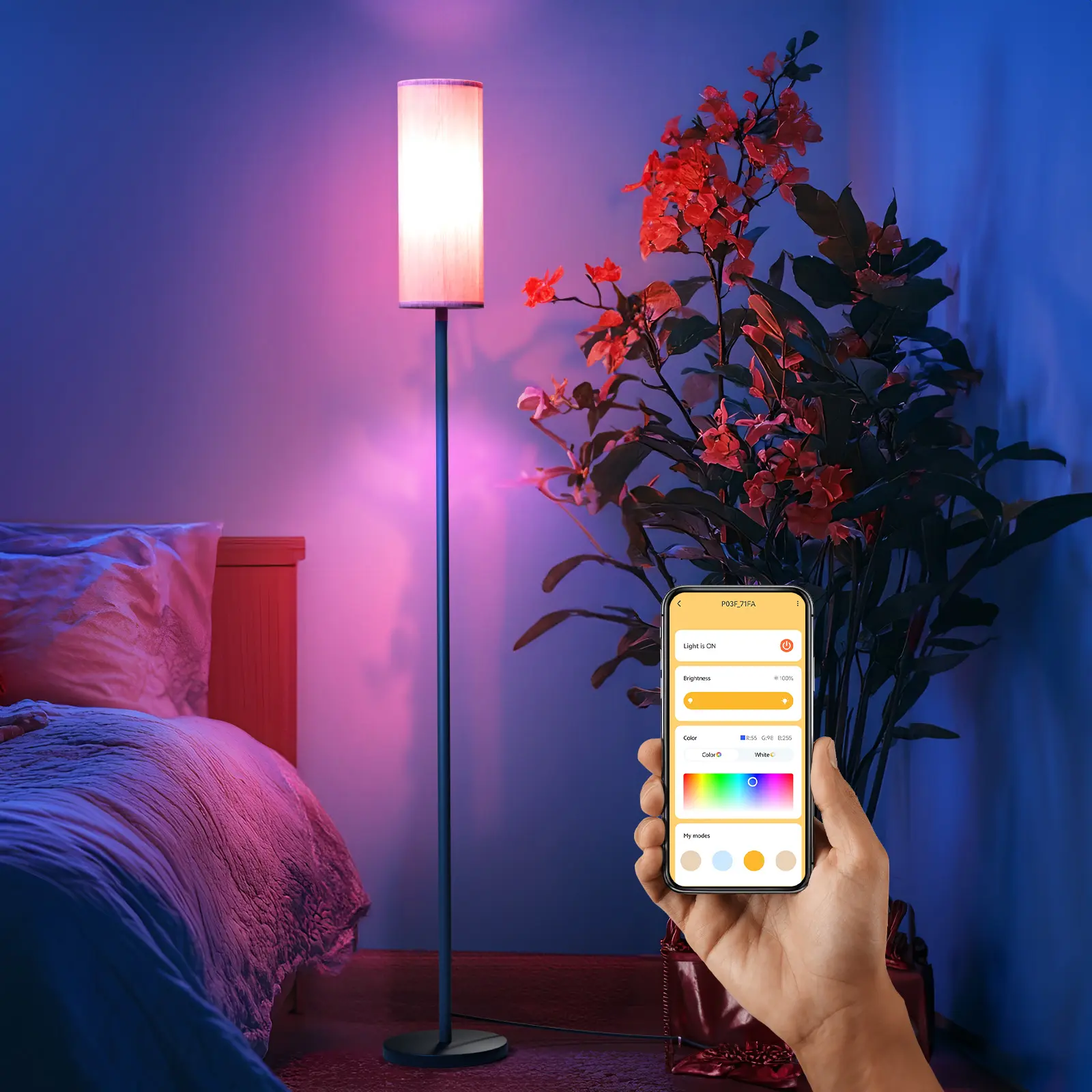 DAYBETTER Decorative LED Tall Standing Floor Lamp - Dimmable Color Temperature, ft Switch, Beige Shade, Smart Music Night Light - Interior Design LED Lighting for Bedroom, Living Room, Led Lights