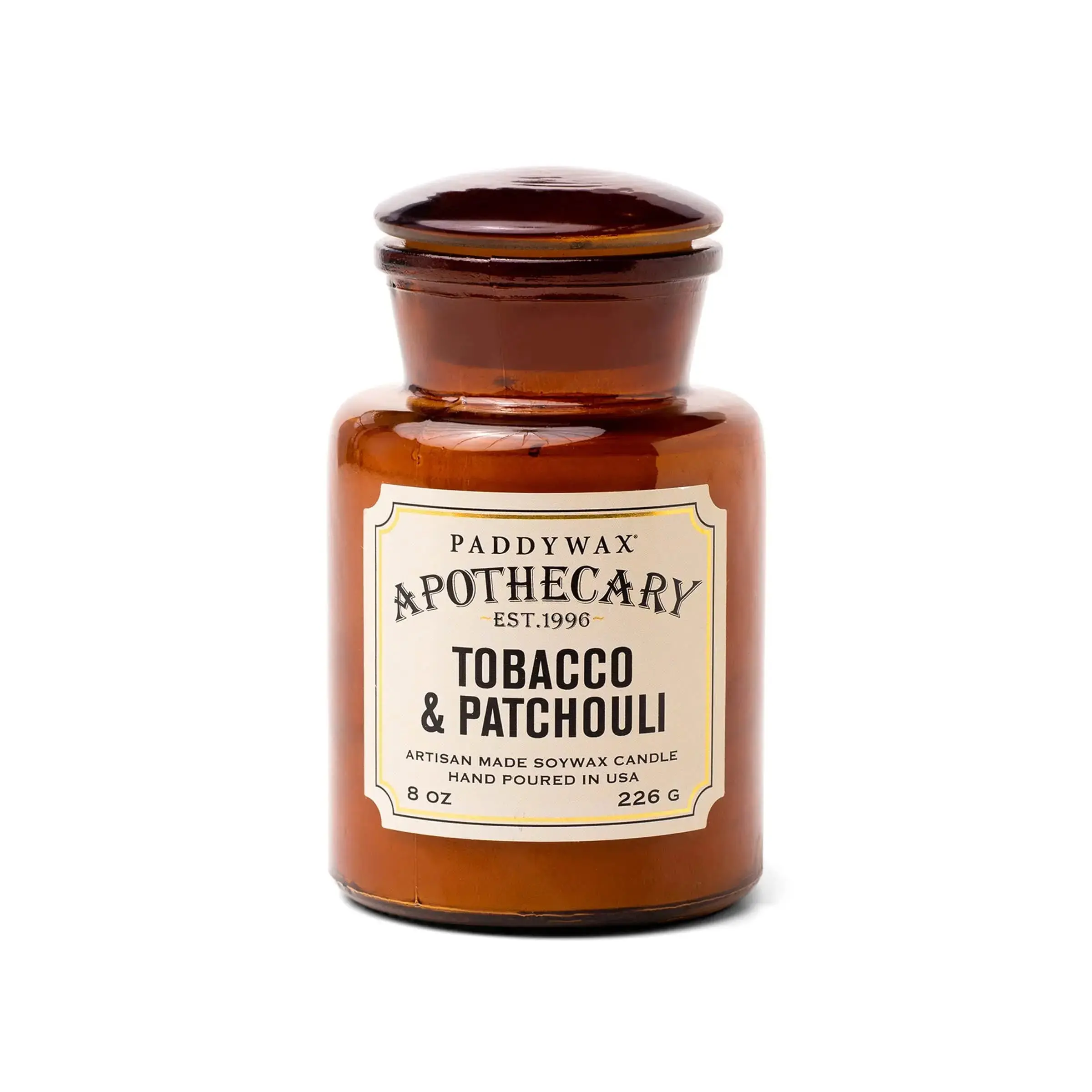 8 oz Apothecary Glass Candle - Tobacco-Patchouli Fragrance with Vanilla, Floral, Amber Notes, Creamy Scent, Home Decor Decoration Accent, Vintage
