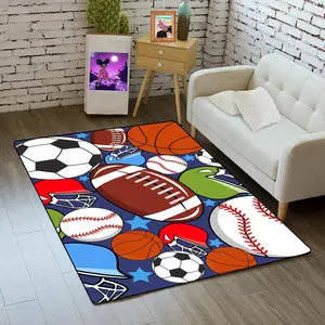 Blue Children's Rug with Fun Sports Patterns Made of Velvet Material Ideal for Boys Girls Bedrooms Playrooms Non Slip Easy to Clean Festive Decoration