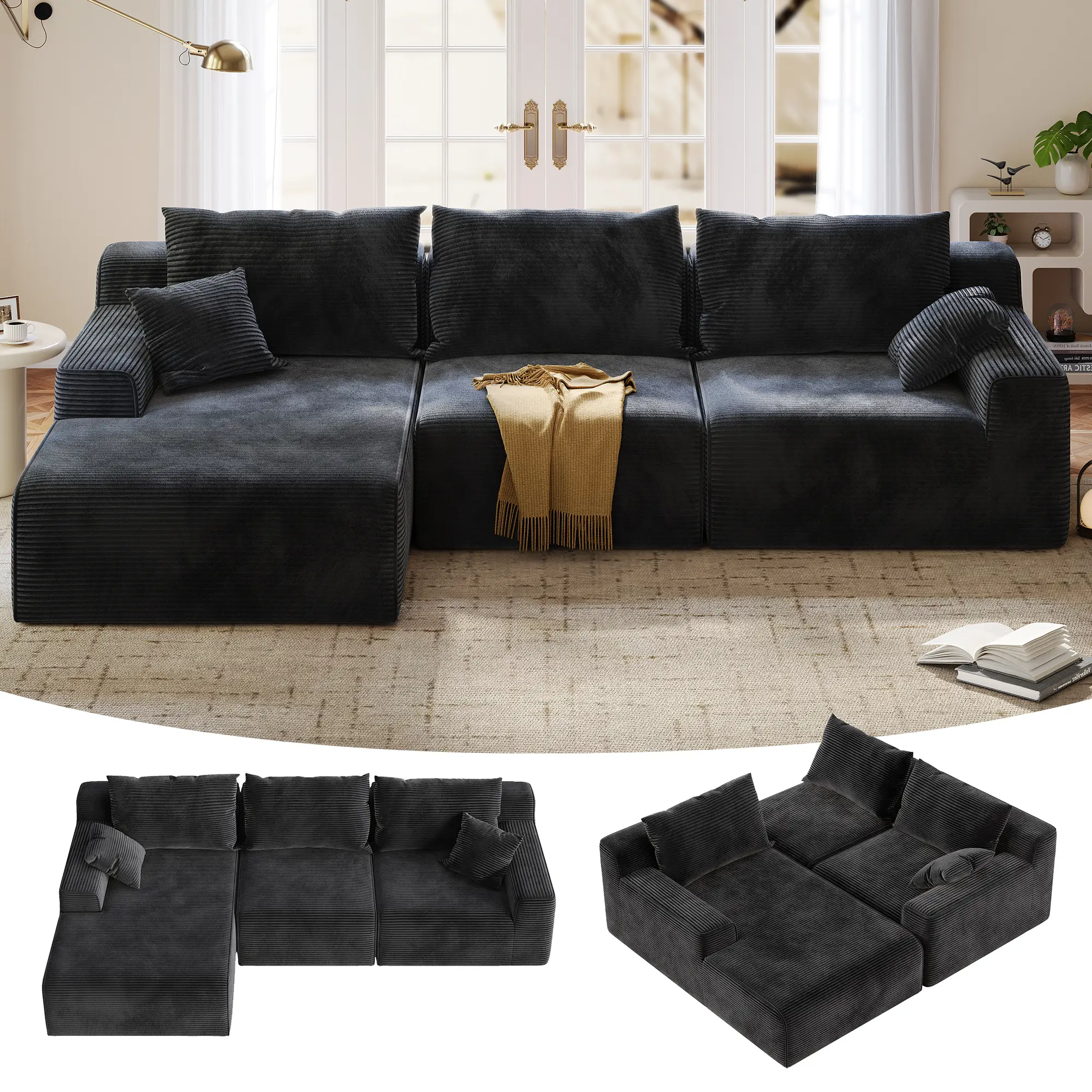 Raybee 97" L-Shaped Boneless Modular Sectional Couch with  Left/Right Facing Chaise, 5 Free Pillows, Comfy Corduroy Sofa in A Box with Deep Seat, Flexible Module Combination Boneless Sofa Bed for Living Room, No Assembly Required Grey Black, Green, White