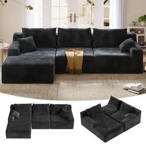 Raybee 97" L-Shaped Boneless Modular Sectional Couch with  Left/Right Facing Chaise, 5 Free Pillows, Comfy Corduroy Sofa in A Box with Deep Seat, Flexible Module Combination Boneless Sofa Bed for Living Room, No Assembly Required Grey Black, Green, White