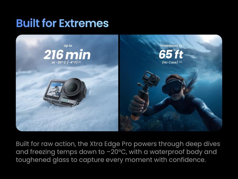 Xtra Edge Pro Action Camera, 4K Vlogging Camera with 1/1.3'' Sensor, 65ft Waterproof, Night View & Stabilization for Cycling, Diving, Sports Shooting