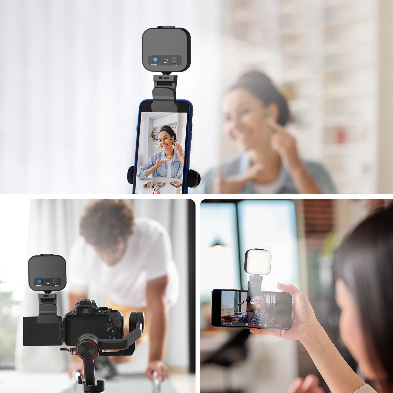 Portable LED rechargeable selfie light with front and rear clip-on cell phone light, adjustable 5 lighting modes for cell phone, IPhone, Android, IPad, laptop, makeup, selfie, video conference