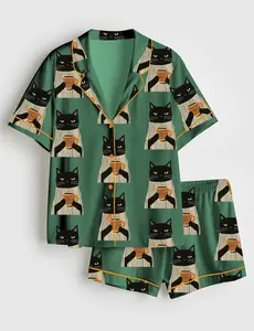 Women’s Black Cat Drinking Coffee Short Sleeve Satin Pajama Set