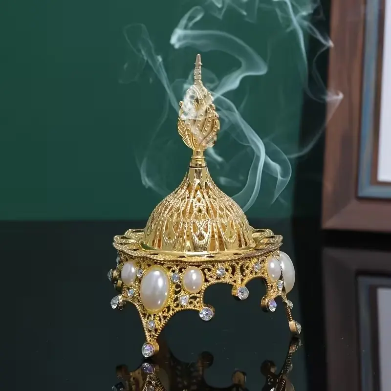 Luxury Golden Metal Incense Burner, Incense Holders, Bakhoor Burner with Pearls & Crystals, Elegant Golden Aromatherapy Fragrance Decor for Bedroom, Office, Spa & Cozy Evenings Scented