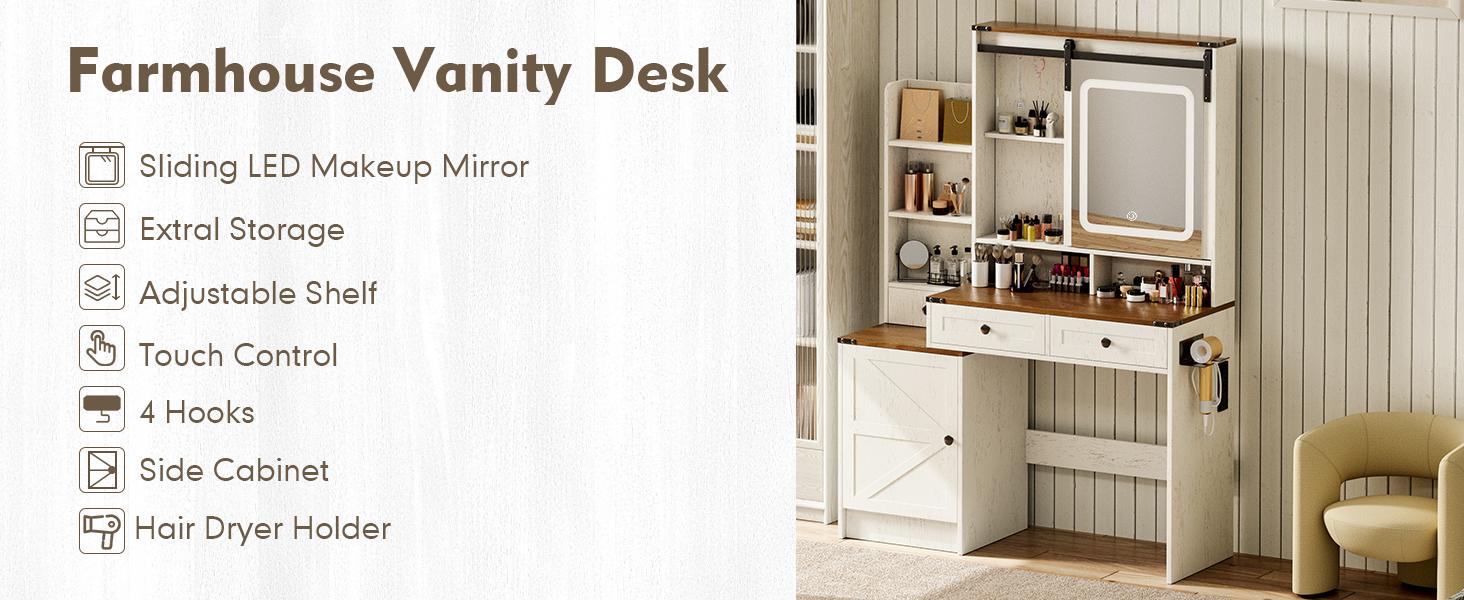 Makeup Vanity with HD Mirror, Dressing Table with Adjustable LED Lighting, Vanity Desk Ample Storage & Built-In Power Outlets – Perfect for Beauty Essentials and Home Use