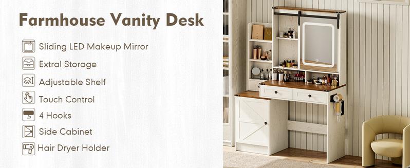 【Valentine's Day gift】Makeup Vanity with HD Mirror, Dressing Table with Adjustable LED Lighting, Vanity Desk Ample Storage & Built-In Power Outlets – Perfect for Beauty Essentials and Home Use